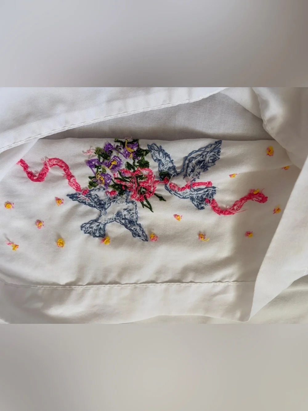 Bucilla White Pillowcases with Pink Ribbon & Multicolor Floral Embroidery - pair
